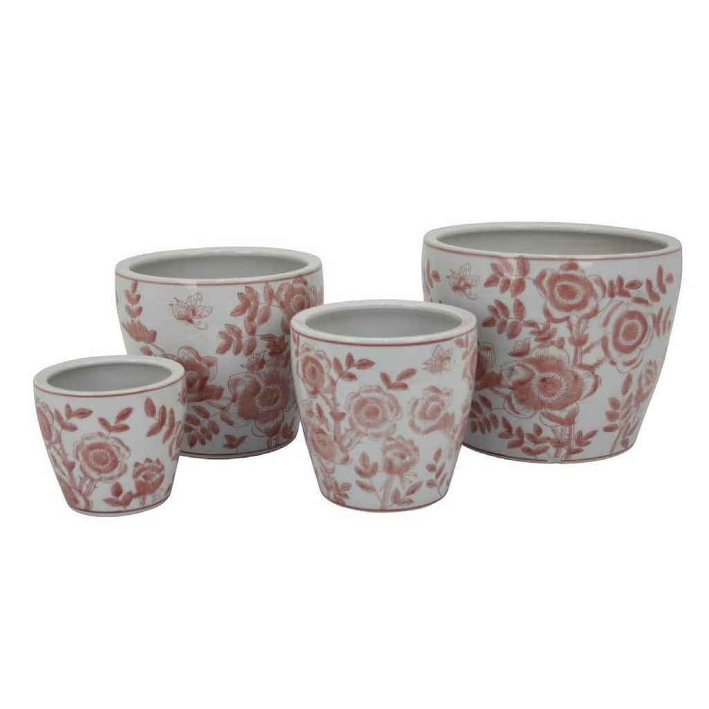 Elegant Pink Floral Design Ceramic Planter Pot with Indoor and Outdoor