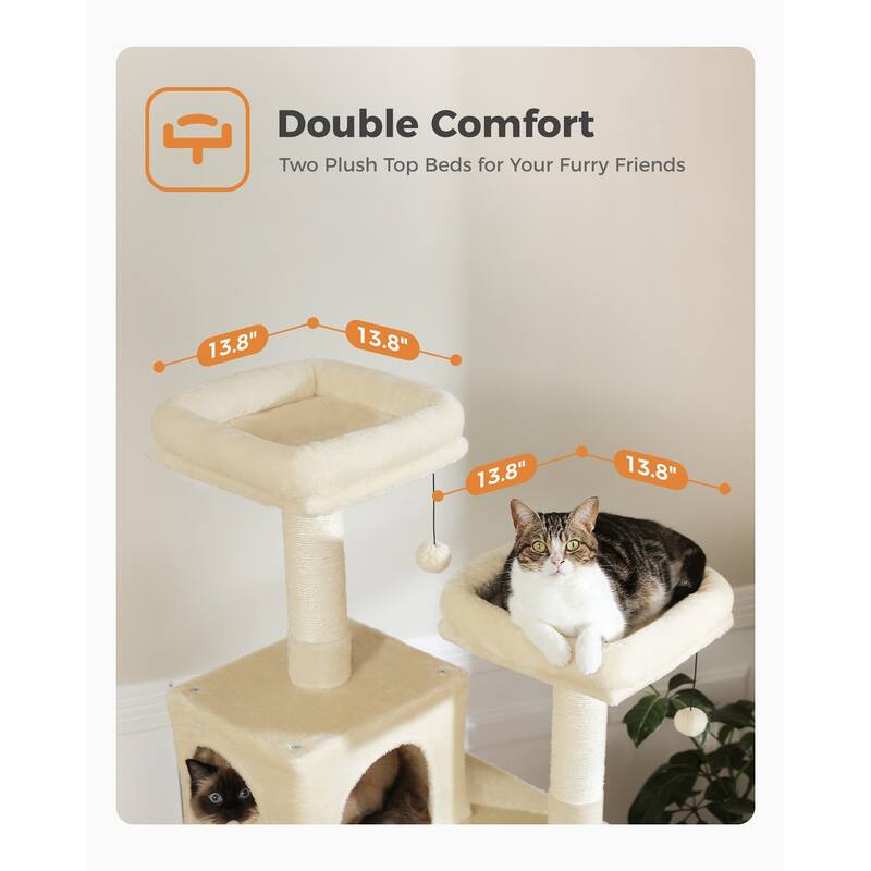 Multi-Level Indoor Large Cat Tree Scratching Post with 2 Perches, 2 Condos, Hammock and 2 Pompoms