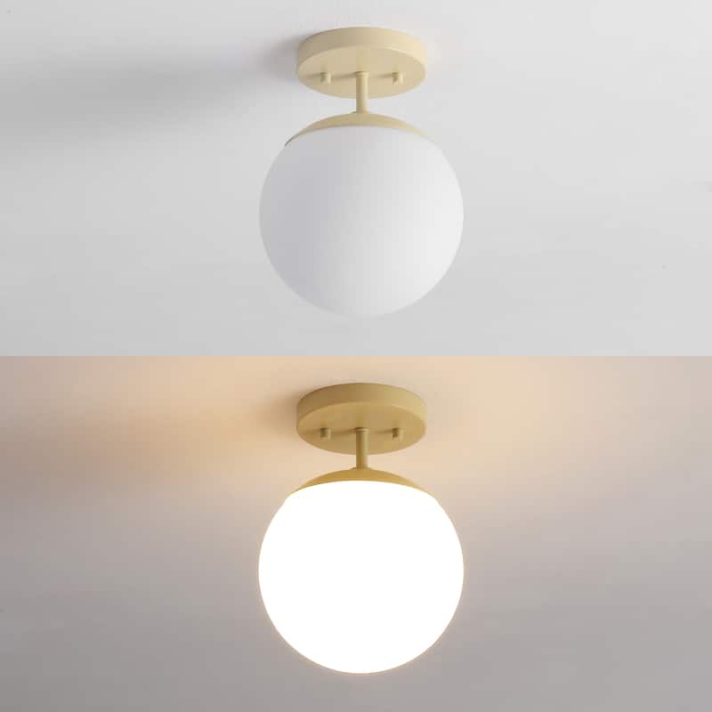 Galax Bistro 7.75" 1-Light Bohemian Farmhouse Iron/Frosted Glass LED Semi Flush Mount, Brass Gold/White by JONATHAN Y