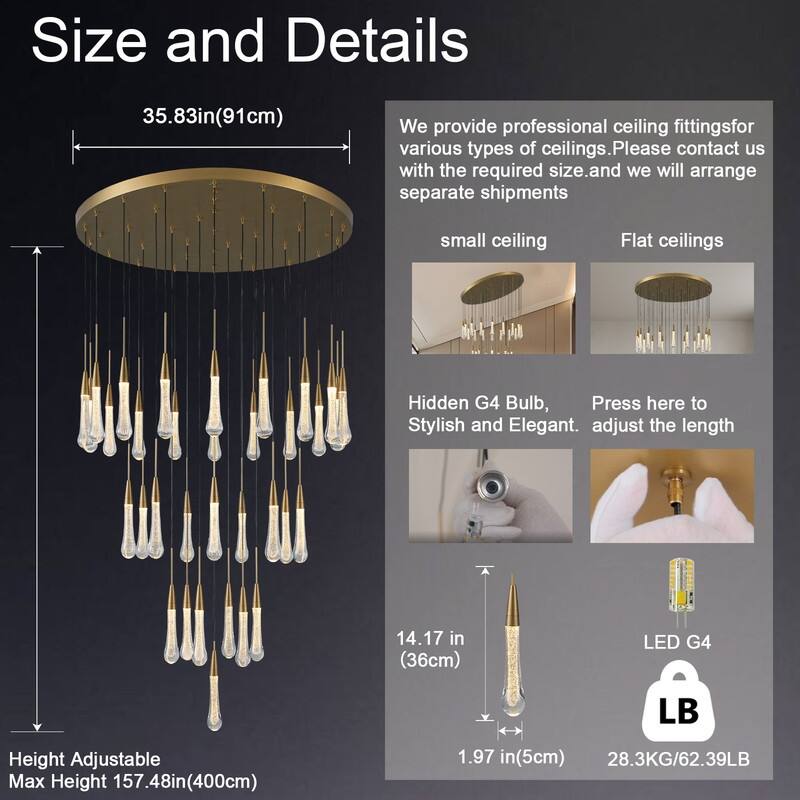 KAYLA Raindrop Chandelier, Modern Glass Pendant Light, Bulb Included