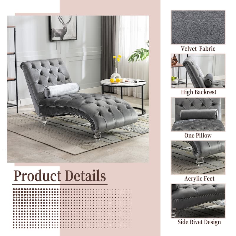 Silver Modern 63.98" Upholstered Buttons Tufted Chaise Lounge Chair with Pillow and Acrylic Legs