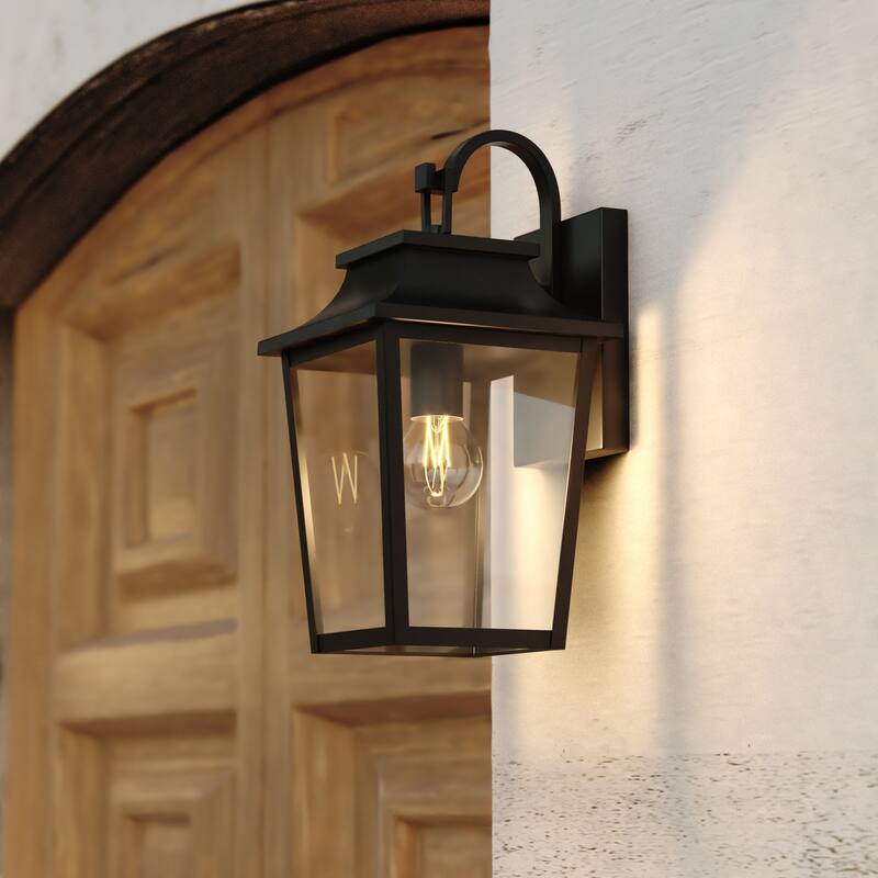 VAXCEL Irving Park Black Outdoor Wall Sconce Light Fixture made of Durable Steel, Clear Seeded Glass Shade - Textured Black - 7-in W x 13.75-in H x 7.75-in D