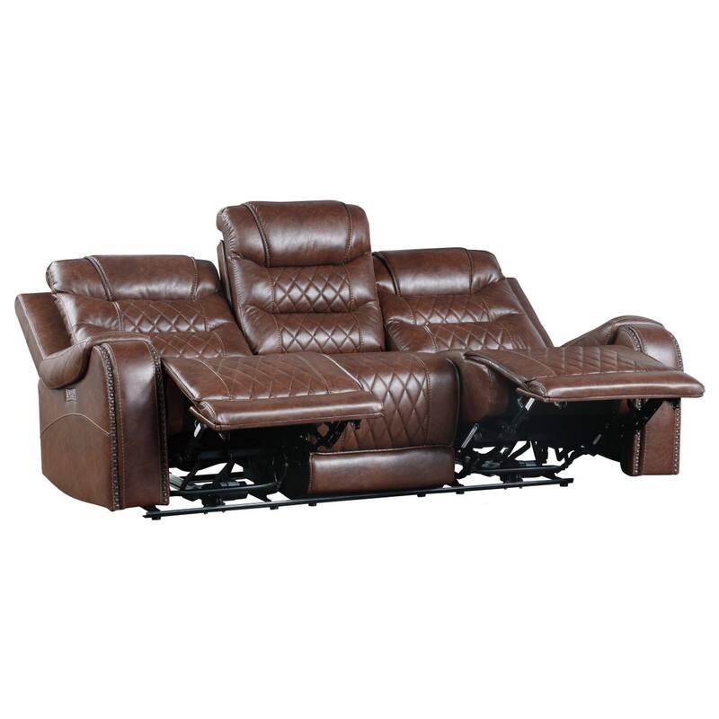 Paul 87 Inch Power Recliner Sofa, Drop Table Cupholders Brown Faux Leather