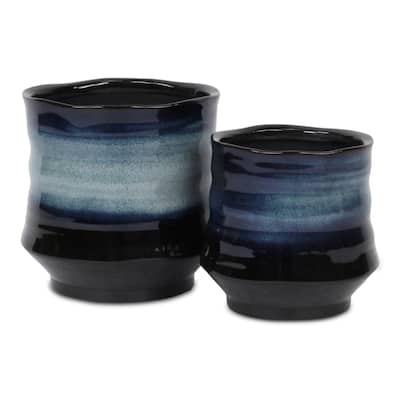Perlacea Curved Round Tapering Ceramic Pot - Blue