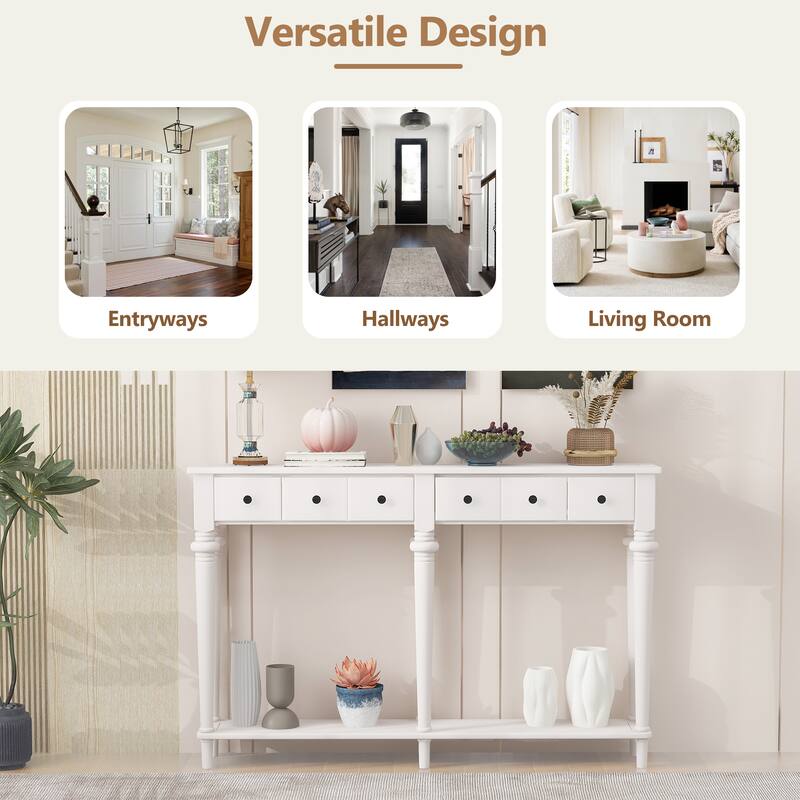 Versatile Hallway Table Side Table with 4 Storage Drawers, Accent Table White Sofa Table with Bottom Open Shelf