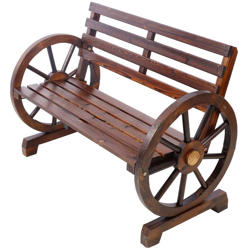 Rustic Wagon Wheel Bench, 2-Seater Wooden Outdoor Furniture for Garden