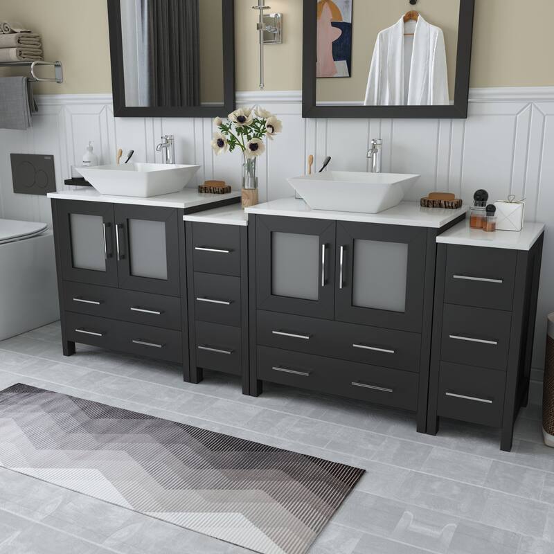 Vanity Art 84-inch Double Sink Bathroom Vanity Set with Engineered Marble Top and Free Mirror - 84 x 18.5 x 36 Inches