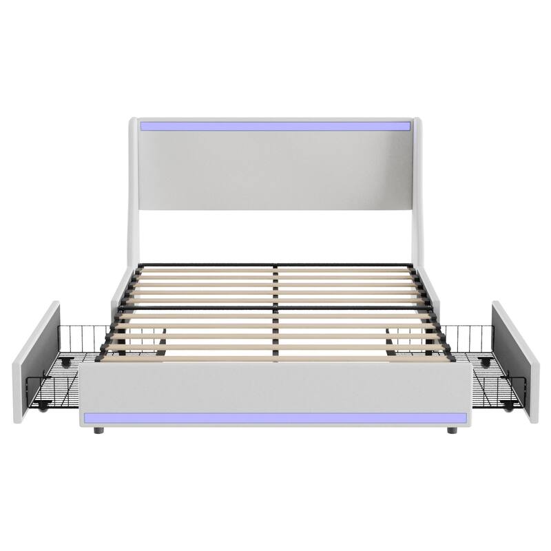 Upholstered LED Bed Frame with 2 Storage Drawers and Wingback Headboard Linen Fabric Platform Bed with Charing Station