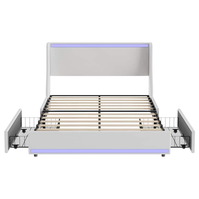 VECELO Modern LED Upholstered Platform Bed Frame with 2 Storage Drawers, USB & Type-C Ports, Full/Queen Size Bed