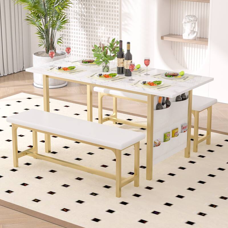 VECELO 3-Piece Dining Table Set with 2 Benches, 63" Extendable Kitchen Table & Chairs Set for 4-8, Dining Room Table - Marble White