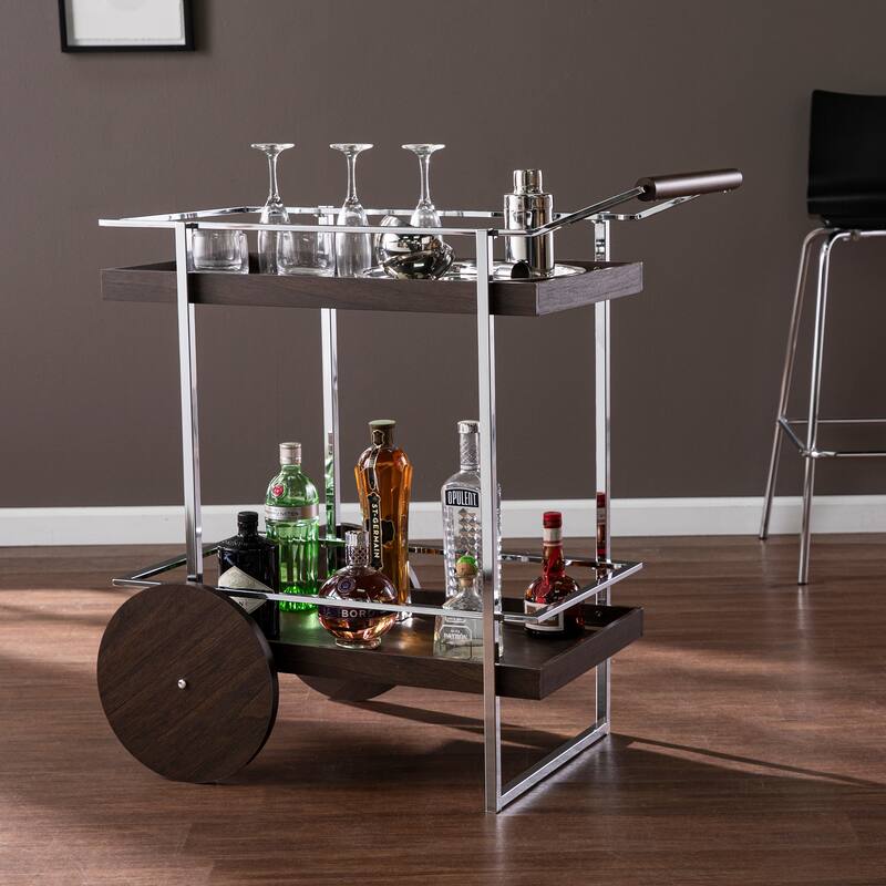 SEI Furniture Deodara Brown Wood Bar Cart - MDF/Metal - Dark Brown / Chrome