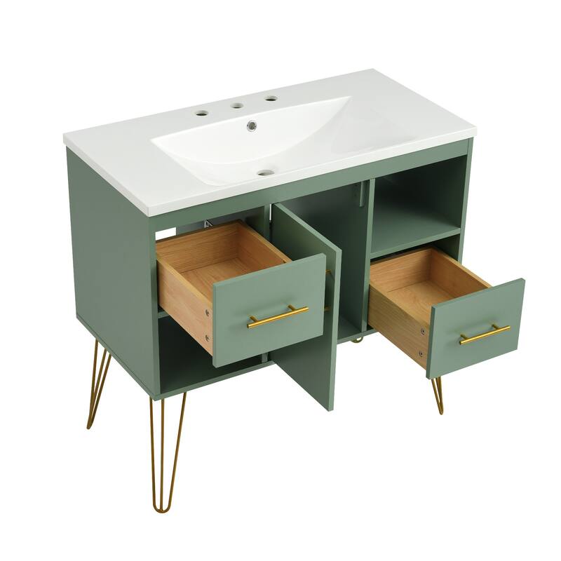 Freestanding Green Storage Cabinet for Bathroom Vanity with Resin Sink, 2 Drawers, 2 Storage Compartments and Gold Handles