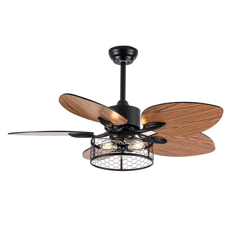 52" Farmhouse Style Wood Walnut Ceiling Fan With Lights and Remote Control, Dimmable LED Optional