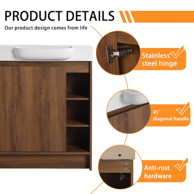 28 Inch Freestanding Bathroom Vanity Cabinet with Ceramic Sink,1 Soft Close Door and 3 Shelves