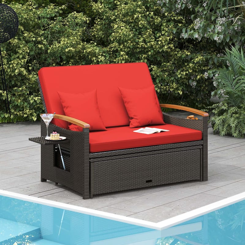 Costway Patio Rattan Daybed Set with Cushioned Loveseat & Storage - See Details - Red