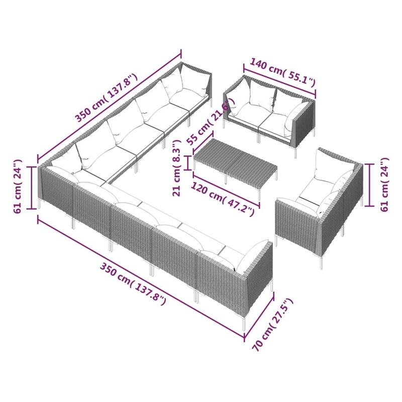 vidaXL Patio Lounge Set Outdoor Sectional Corner Sofa Poly Rattan Dark Grey - 27.6" x 27.6" x 24"