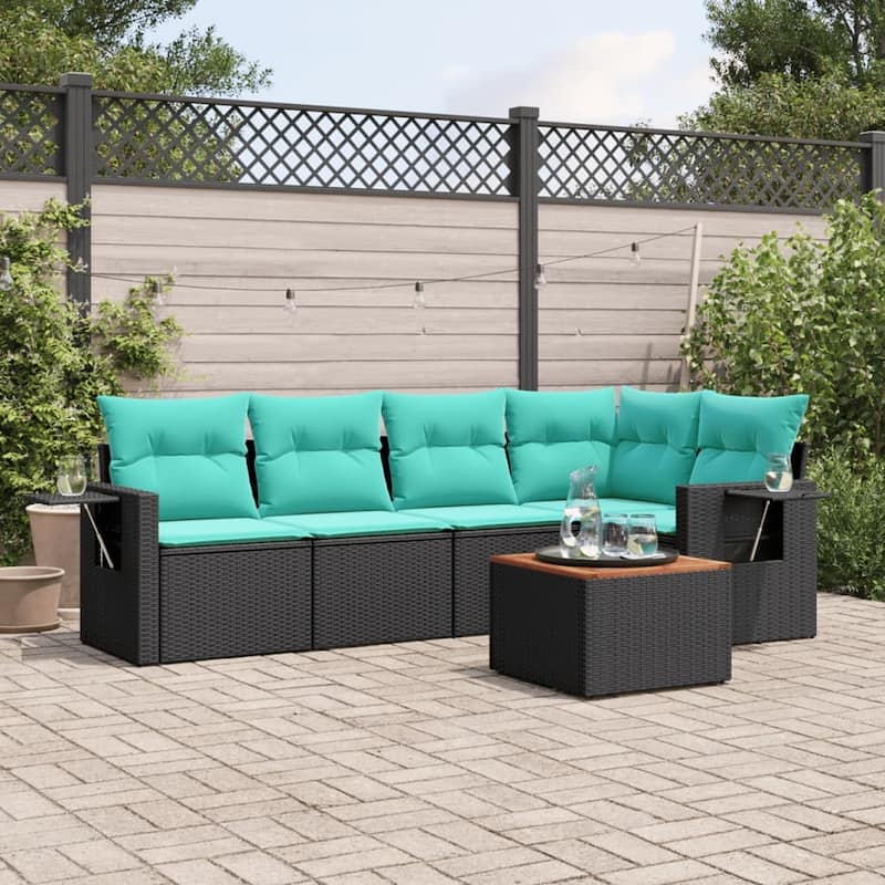 vidaXL 6 Piece Patio Sofa Set with Cushions Gray/Brown/Black Poly Rattan - 24.4" x 24.4" x 27.2" - Black and blue  - form1