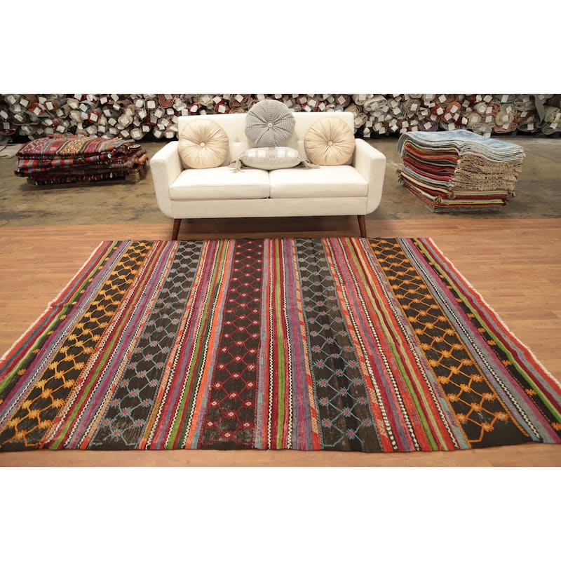 Hand Woven Oriental 100% Wool Carpet Southwestern Tribal Multi-Colored Kilim Area Rug - 8' 0'' X 6' 4''