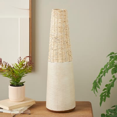 Light Brown Rattan Handmade Woven Geometric Decorative Vase with Beige Metal Base and Abstract Linear Markings