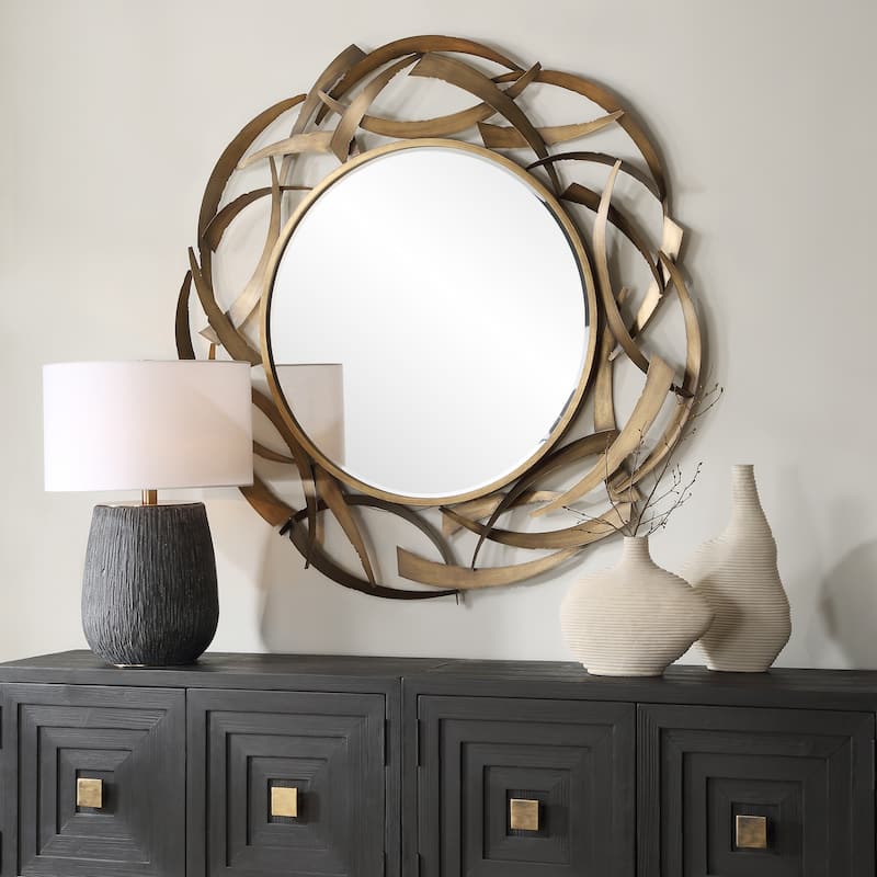 Jagged Crescent Framed Round Wall Mirror - 55" - Antique Bronze Finished