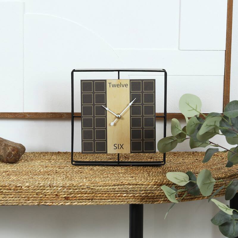 Black Wooden Open Frame Square Geometric Decorative Clock with Grid Pattern