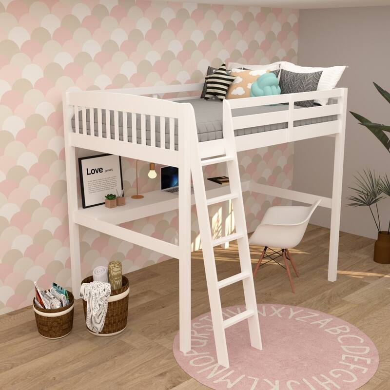 Everest Grey High Loft Bed with Desk and Storage, with Stairs