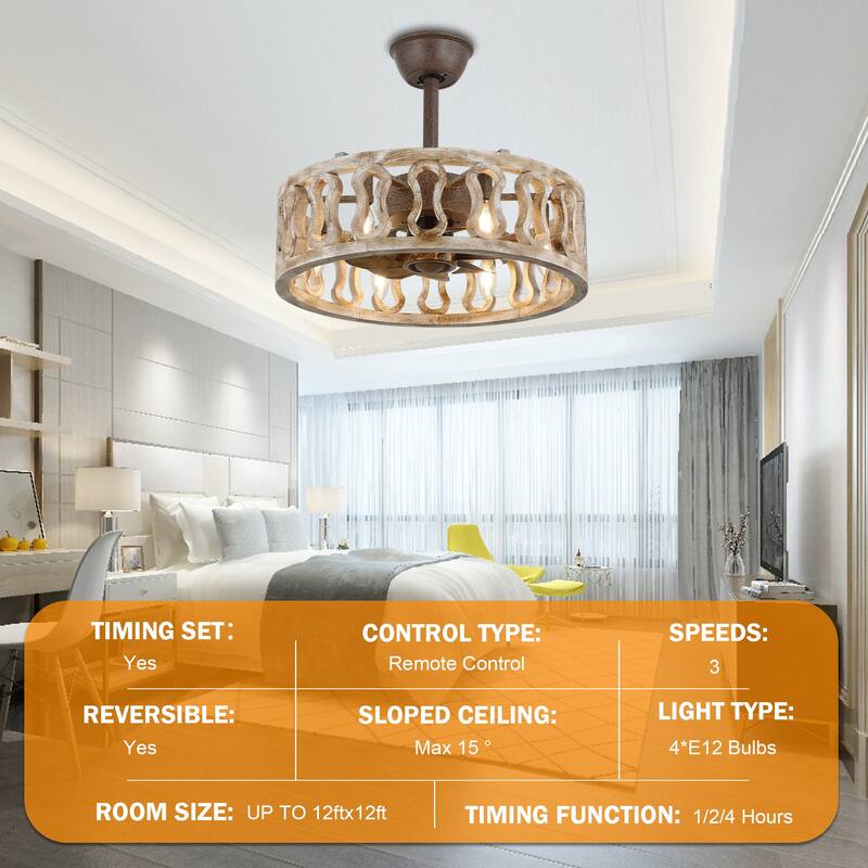 18" Oaks Aura Farmhouse Distressed Wood Caged Ceiling Fan with Lights, 6-Speed Silent Shabby Chic Bladeless Ceiling Fan