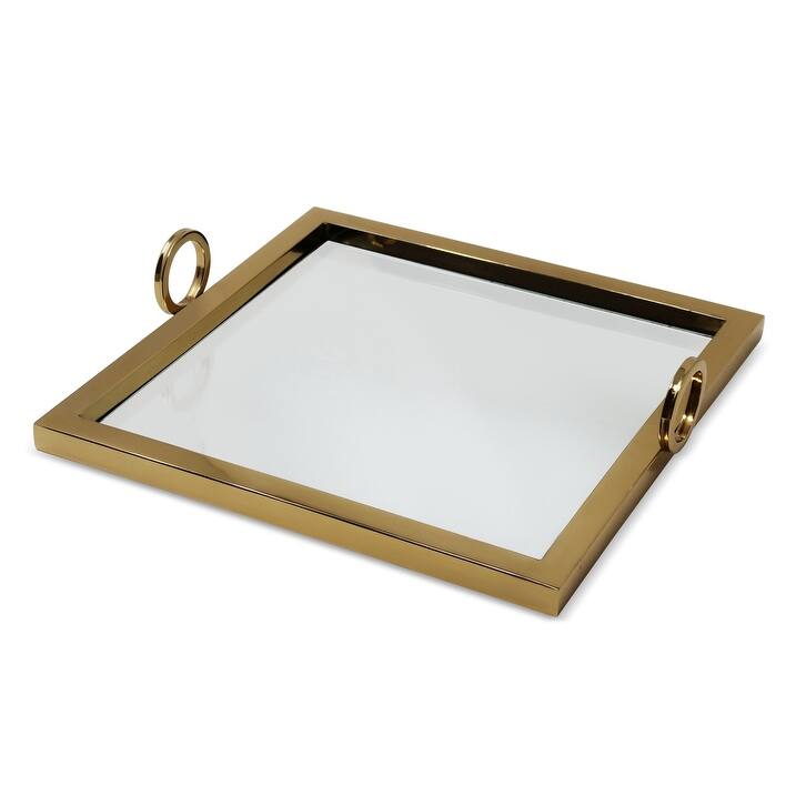 13.75"L Square Mirror Tray with Loop Handles - Gold