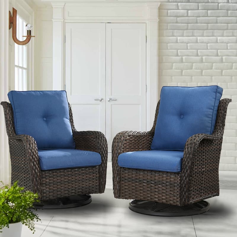 Pocassy Outdoor Wicker Glider Swivel Club Chairs (Set of 2) - Brown/Blue