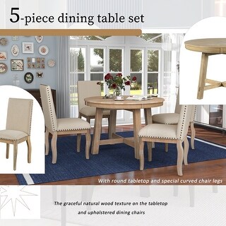 Natural Wood 5-Piece Round Extendable Dining Table Set with 4 Chairs ...