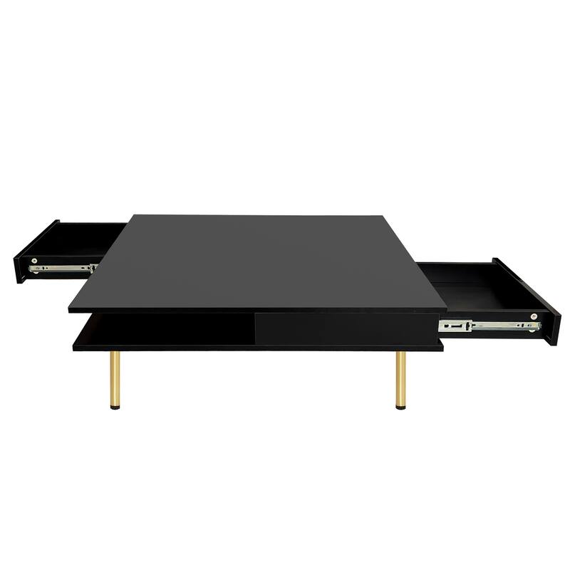Stylish High Gloss Coffee Table 2 Tier Square Center Table with 4 Gold Legs and 2 Small Drawers, for Living Room