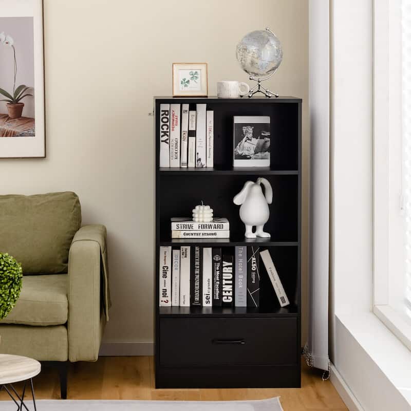 48 Inch Tall 4 Tiers Wood Bookcase with Drawer - 24" x 15" x 48"