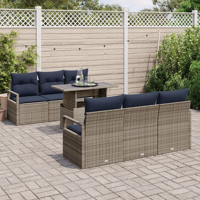 vidaXL 7 Garden Sofa Set with Cushions Black/Brown/Grey Poly Rattan - 68.9 x 24.4 x 27.2