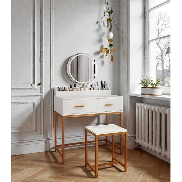 white and gold dressing table stool & Vanity Set with Mirror Stool, Makeup with Drawers and Organizer, Compact Space-Saving Design fall maxi dresses