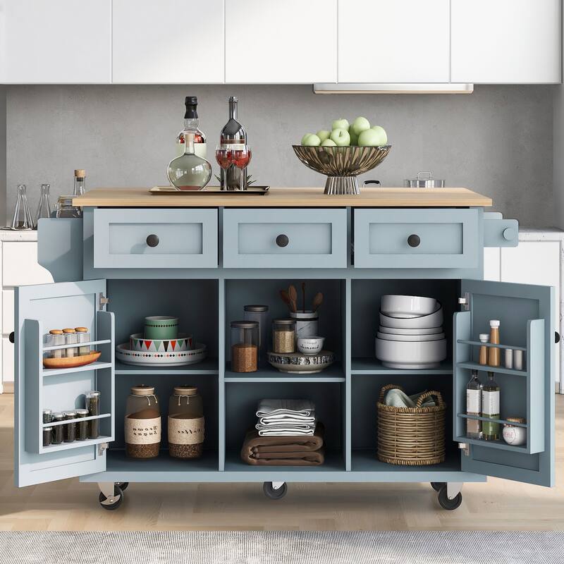 Rolling Kitchen Island with Drop-Leaf, Adjustable Storage, 5 Wheels, and 3 Drawers - Blue