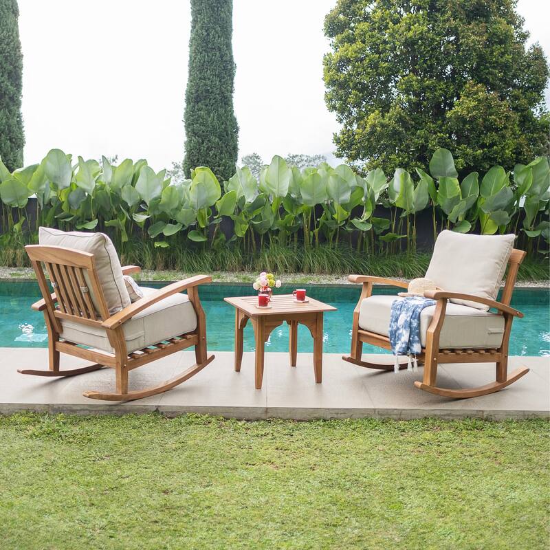 Cambridge Casual Leon 3-piece Teak Patio Rocking Chair Set with Cushion