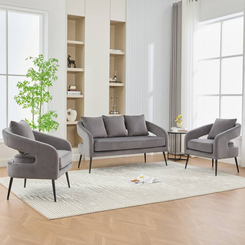 53.7" W Loveseat Sofa with 2 Accent Chair,3-Piece Living Room Furniture Sets with Pillows and Metal Legs - Grey