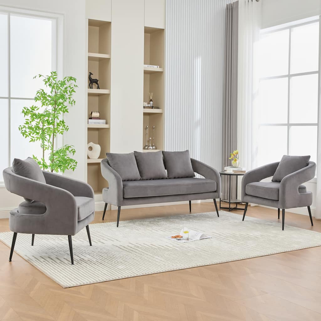 53.7" W Loveseat Sofa with 2 Accent Chair,3-Piece Living Room Furniture Sets with Pillows and Metal Legs