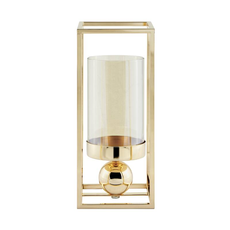 Large Pillar Candle Holder with Glass Hurricane - 11.75" - Gold