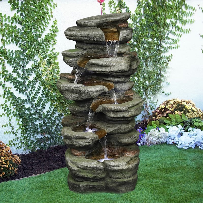 Rock Falls Outdoor Water Fountain w/LED Lights Water Feature for Patio - Grey - Floor - Polyresin