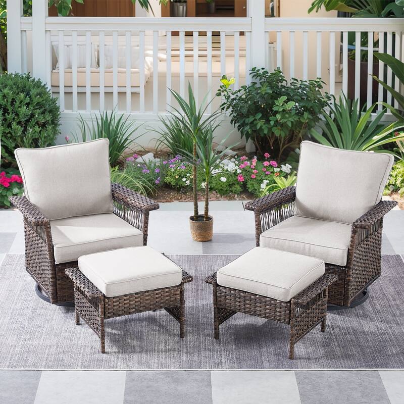 Gymojoy Outdoor Bistro Swivel Chairs with Ottoman - Brown - Brown - Beige