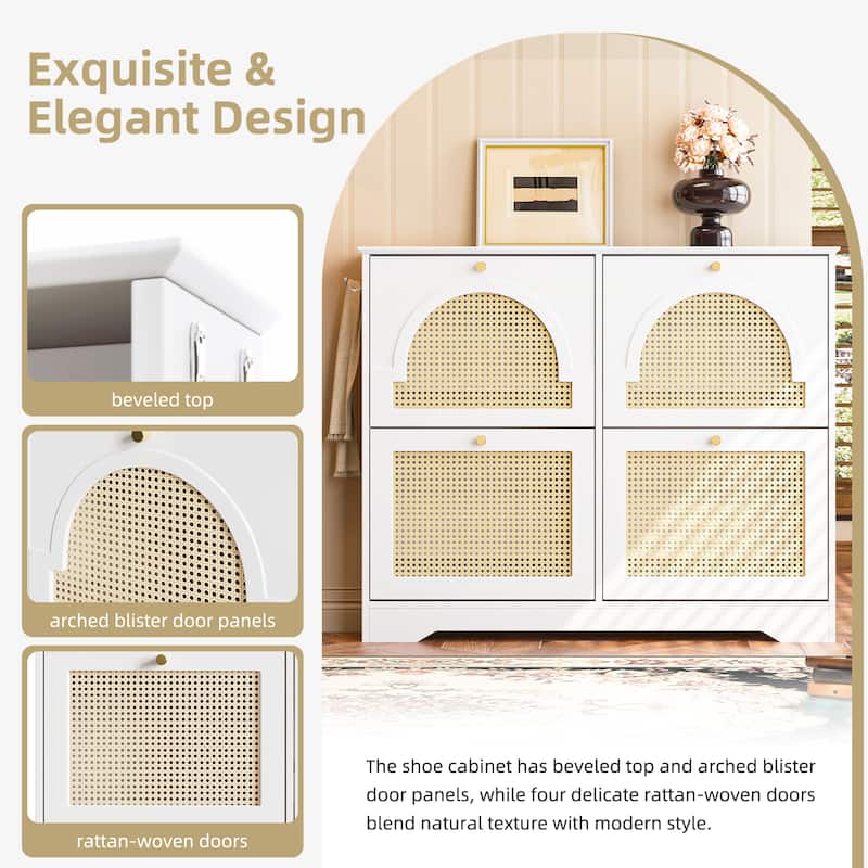 Mid-Century Rattan Flip Drawer Shoe Cabinet with 4 Narrow Doors, Entryway Organizer with Hooks, Freestanding Shoe Storage