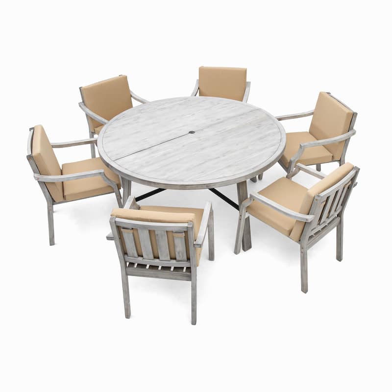 6-Person Outdoor Dining Set Wooden Umbrella Hole Removable Cushions Antique Gray