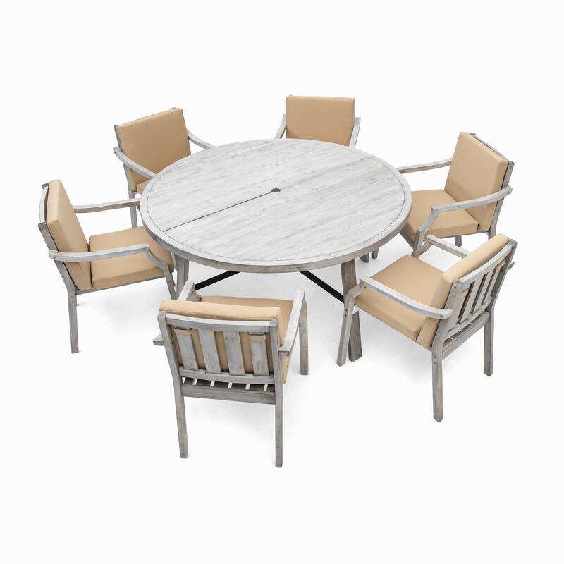 Roomfitters 6-Person Outdoor Wooden Dining Set with Umbrella Hole & Removable Cushions for Patio or Garden, Antique Gray