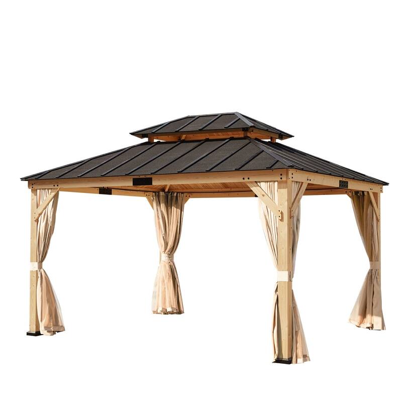 EROMMY 11' x 13' Asphalt Hardtop Gazebo, Spruce Wood Double Roof Gazebo with Waterproof Coated Wood Frame for Patios