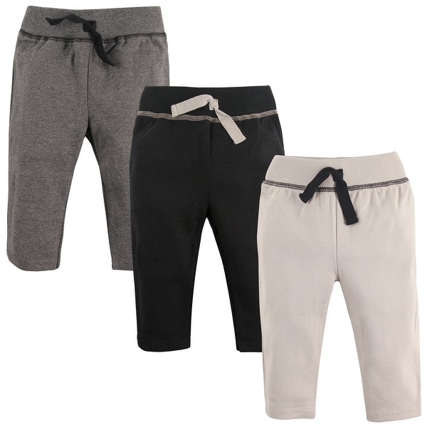 slide 1 of 1, Hudson Baby Infant Boy Cotton Pants 3pk, Black Gray 0-3 Months - Black Gray
