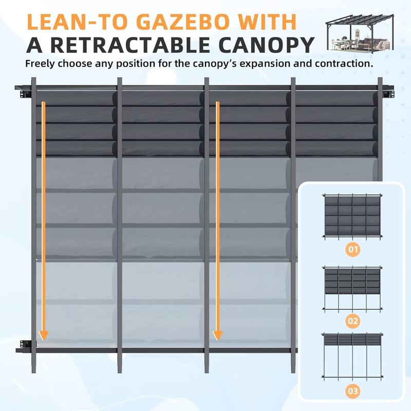 AECOJOY Outdoor Gazebo for Patio, Retractable Pergola with Adjustable Sun Shade Canopy Roof