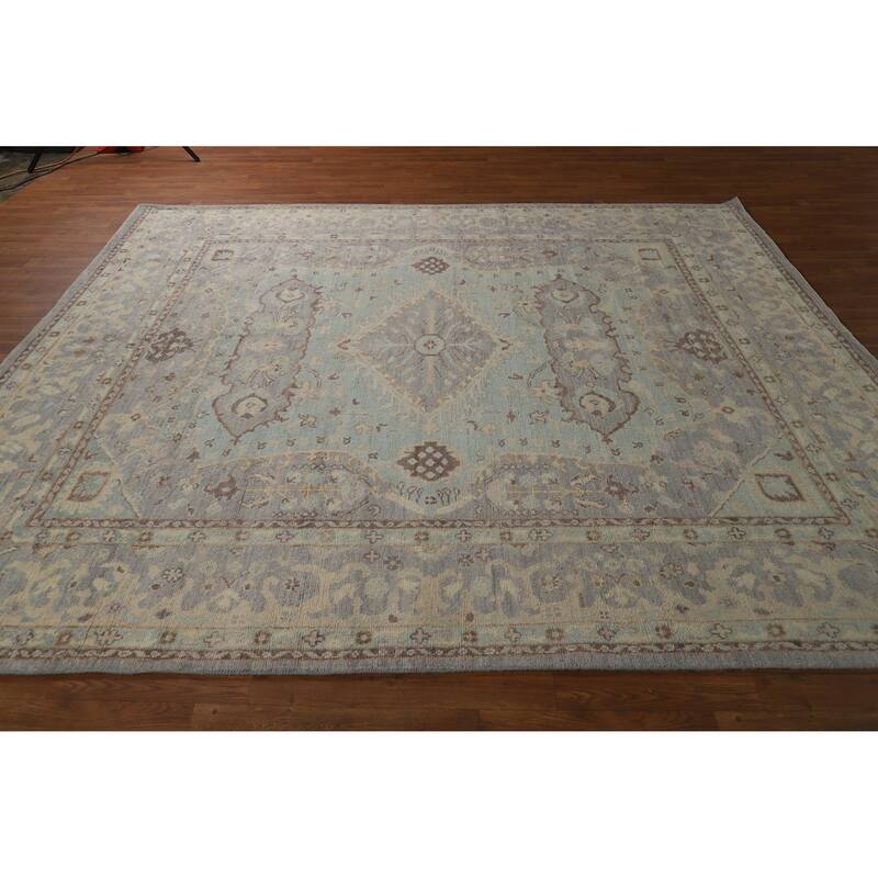 Hand Knotted Oriental 100% Wool Carpet Transitional Floral Navy Blue & Blues Oushak Area Rug - 9' 5'' X 8' 3''