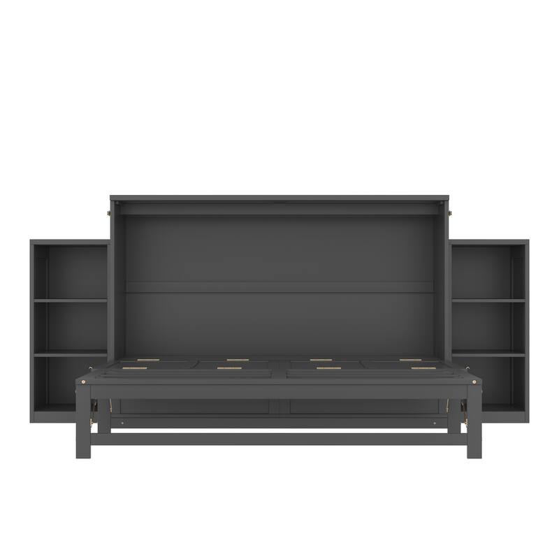 Foldable Wall Cabinet Queen Murphy Bed with Drawers and Open Shelves