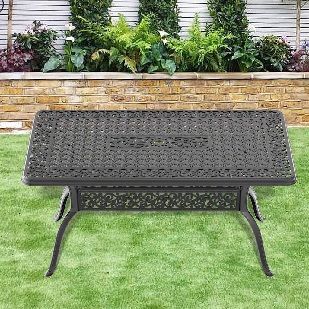 L59.05*W35.43-inch Cast Aluminum Patio Dining table with Black Frame and Umbrella Hole